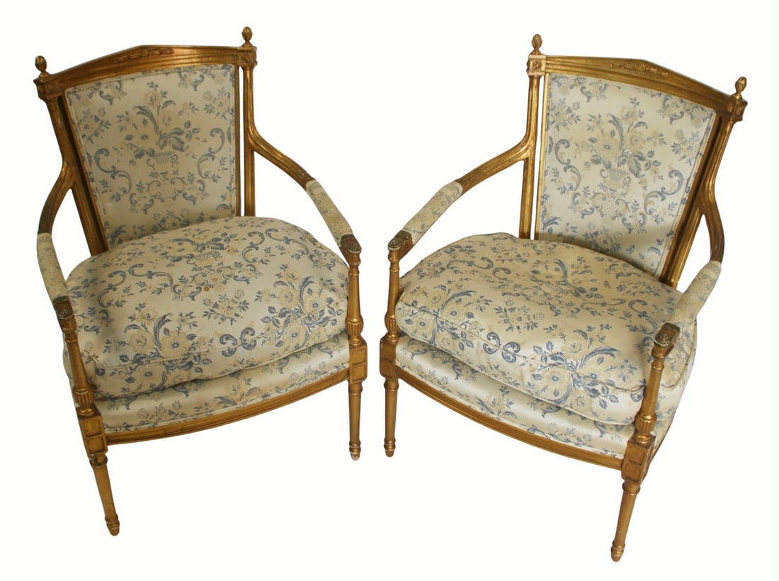 Vintage Pair of Louis XV1 Style Giltwood: Armchairs. Nice fabric and down filled cushions. From a White Plains, NY estate. - Dimensions: 37" h x 25" w x 19" d