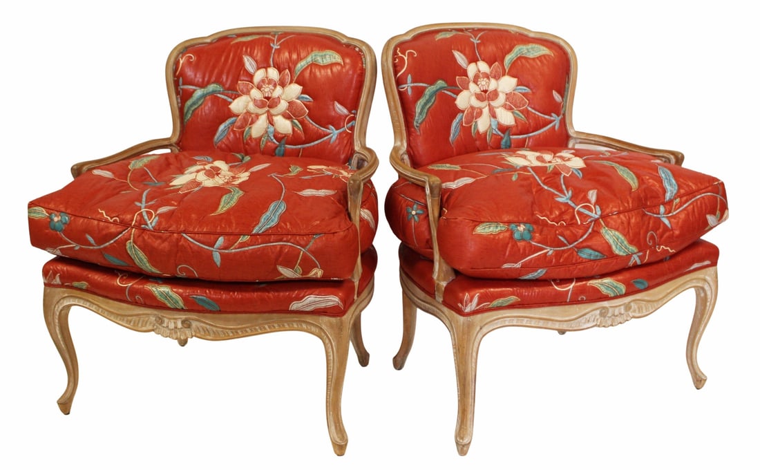Vintage Pair Of Louis XV Style Bergeres.: Great fabric and extremely comfy with wide frame. From a Mahopac, NY estate. - Dimensions: 35" h x 30" w x 22" d.