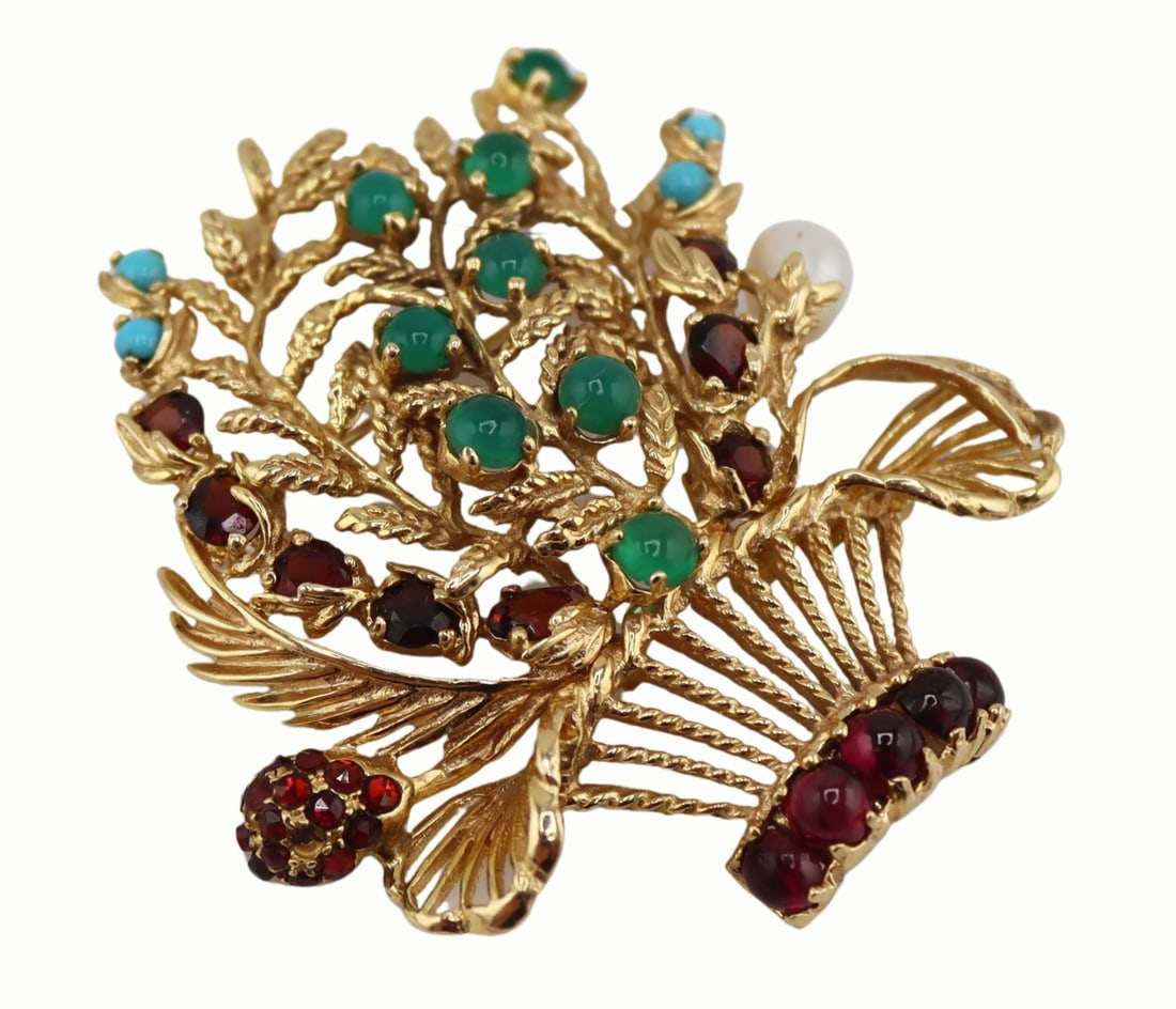 JEWELRY. Lucien Piccard 14kt Gold, Gem and Pearl: Giardinetti Brooch. Signed Lucien Piccard "Giardinetti" 14kt yellow gold floral basket brooch displaying an array of colored gem cabochons, faceted colored gems, and a single pearl. Stamped
