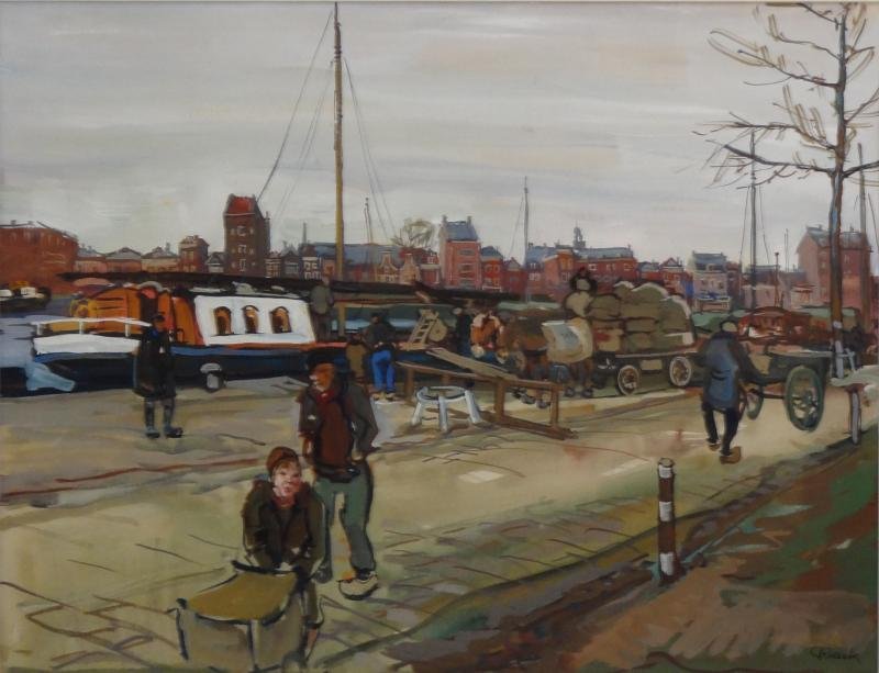 RIZEK, Emil. Tempera on Paper. "Hafen Von: Rotterdam." Signed lower right. With original inscribed frame backing tucked into sleeve on new frame verso. Emil Rizek, Austrian, 1901 - 1988. From a Pelham, NY home. Dimensions: 17.5" high x 23" wid
