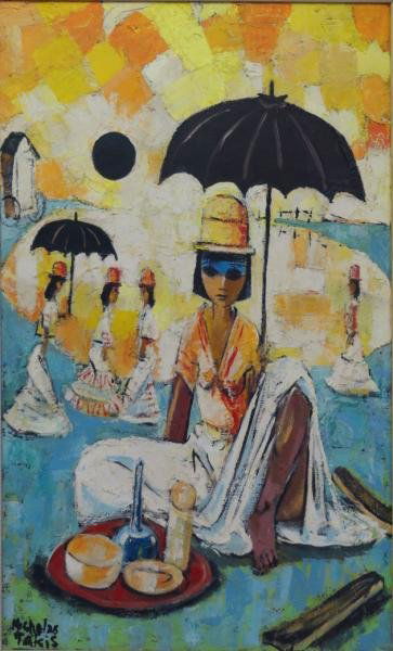 TAKIS, Nicholas. Oil on Canvas "Peruvian Playa.": Signed lower left. Nicholas Takis, American - New York, 1903 - 1965. From a Seymour, CT location. Dimensions: 36" high x 24" wide. Condition: Craquelure, otherwise good.