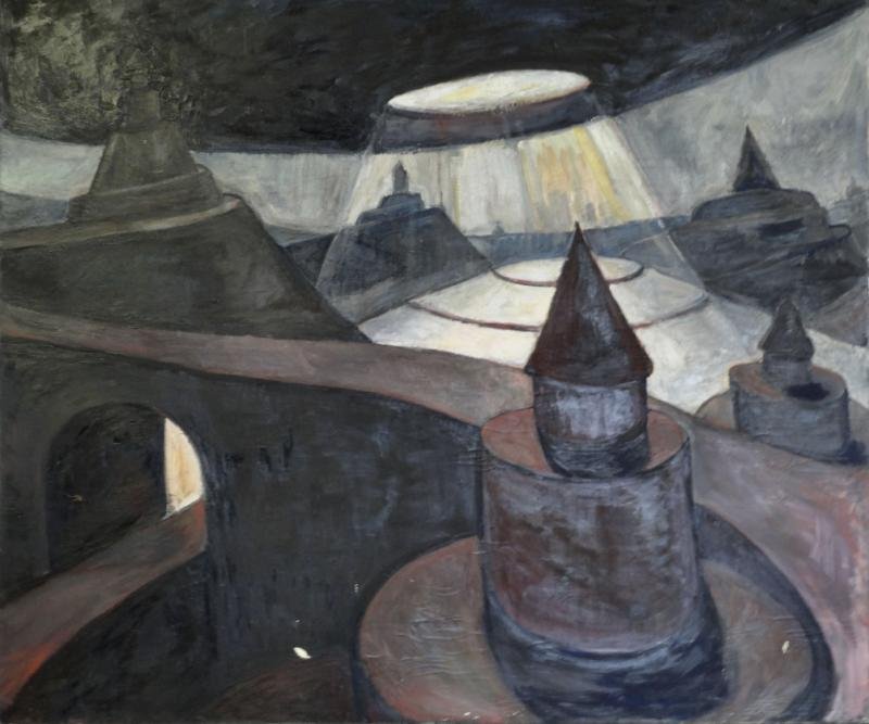 CONNELLY, Chuck. Large Oil on Canvas. Landscape: With Towers. Signed and dated 1985 verso. Annina Nosei Gallery, New York label verso. Chuck Connelly, American b. 1955. From a Manhattan, NY collector. Dimensions: 90" high x 108" wide. Condition: Unf