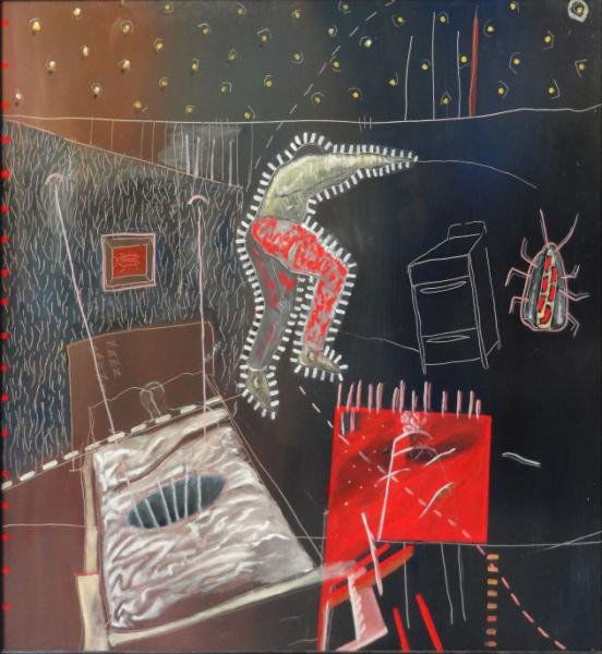 LOTENERO, Michael. Surreal Interior Scene with: Figure. Not apparently signed. Lafond Gallery, Pittsburgh, PA label verso. Michael Lotenero, American, 20th/21st C. Dimensions: 48" high x 48" wide. Condition: Good, some light surface scuffs.