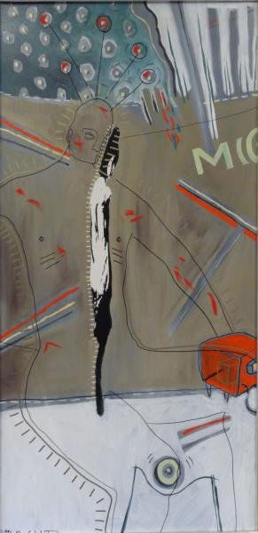 LOTENERO, Michael. Surreal Seated Figure.: Signed lower left and dated 1996. Lafond Gallery, Pittsburgh, PA label verso. Michael Lotenero, American, 20th/21st C. Dimensions: 48" high x 24" wide. Condition: Good.