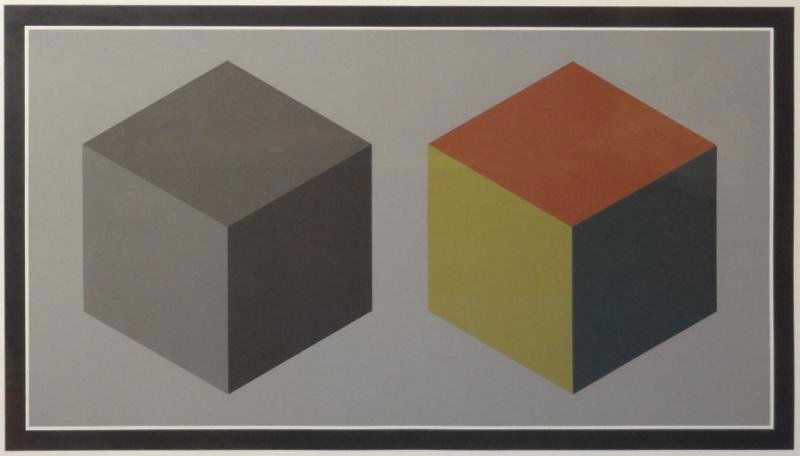 LEWITT, Sol. Serigraph "Two Cubes.": Pencil signed lower right and numbered 45/150. Sol LeWitt, American, 1928 - 2007. From a Manhattan, NY collector. Dimensions: Image - 15.75" high x 28.25" wide. Condition: Good, not examined out of fr
