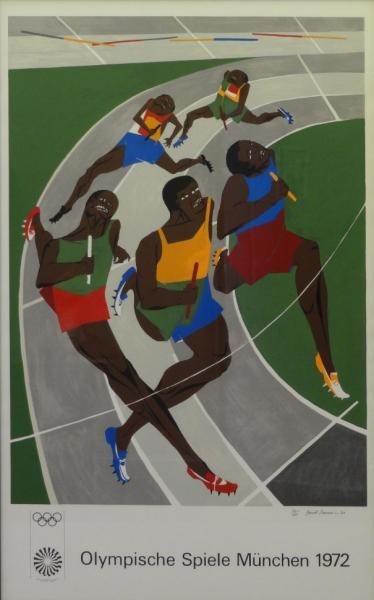 LAWRENCE, Jacob. Lithograph Poster "Olympische: Spiele Munchen 1972." Pencil signed, dated 1971, and numbered 26/200 lower right. Jacob Lawrence, African-American, 1917 - 2000. From a Riverdale, NY collector. Dimensions: Sight - 42.5" high x 26.25"