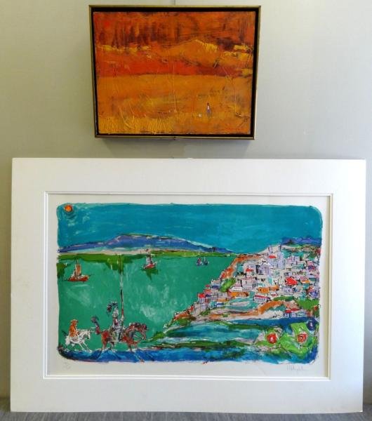 HOLLINGSWORTH, Alvin C. Oil on Masonite of Figure: in a Field. Signed lower right, 12" high x 15.75" wide, good, light surface dust. Together with a lithograph by Hollingsworth "Don Quixote" - pencil signed lower right and numbered 180/375 lower left,