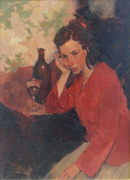 LORUSSO, Joseph. Oil on Board of Woman with a Red: Wine. Signed lower left. Joseph Lorusso, American, b. 1966. From a Riverdale, NY collector. Dimensions: 20" high x 16" wide. Condition: Surface dust, otherwise good.