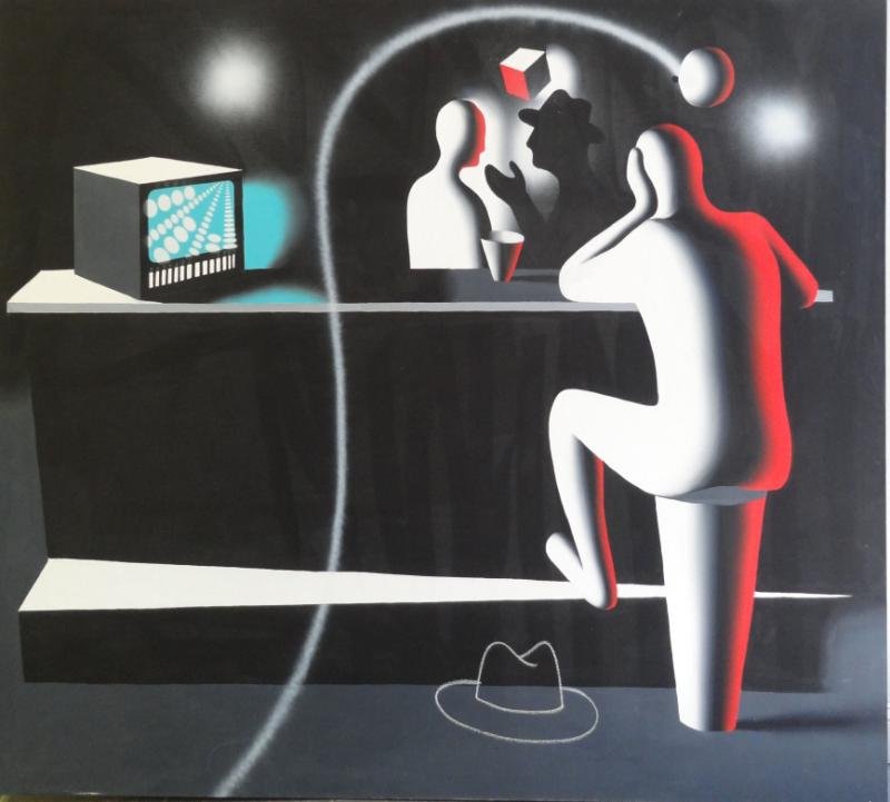 KOSTABI, Mark. Oil on Canvas "Saturday Night.": Signed and dated center left. Titled, signed, and dated verso. Mark Kostabi, American, b. 1960. From a Waterbury, CT home, purchased by the consignor directly from the artist in the 1980's. Dimensions