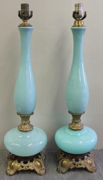 Pair of Blue Opaline Lamps.: From a Stamford, CT location. Dimensions: 28.75" high.