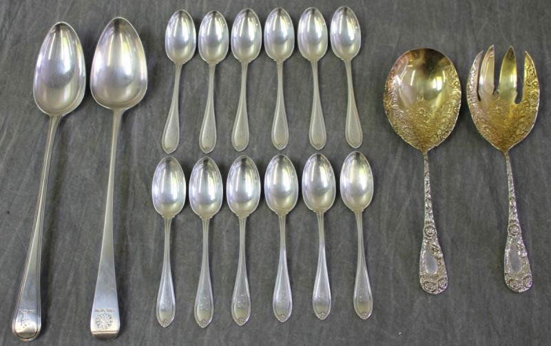 STERLING. Flatware Lot.: Includes 12 sterling teaspoons, 2 Georgian silver stuffing spoons and a fancy serving set. Each Georgian spoon with nice engraved crests - Makers include George Smith and William Fearn, circa 1790; an