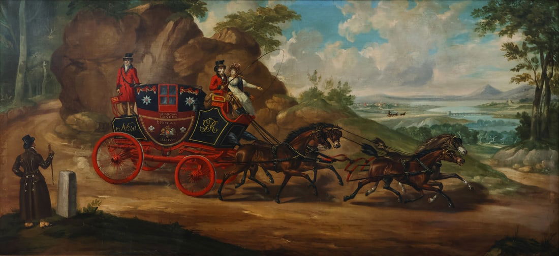 BRITISH SCHOOL (19TH CENTURY).: 'The Glasgow to London Royal Mail Coach'. Oil on canvas. Apparently unsigned. Property of a Manhattan, NYC collection. Dimensions: 27.25" h x 59" w. Frame: 31.50" h x 63 "w.