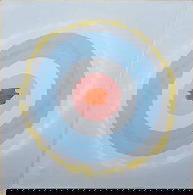 KENNETH NOLAND (AMERICAN, 1924-2010).: 'Untitled' (Circle). Mixed media: acrylic and ink on blue washed paper. Signed with artist's embossed stamp. Verso: Signed by artist in pencil. Note: Artist inscribed dedication on backing board. Prov