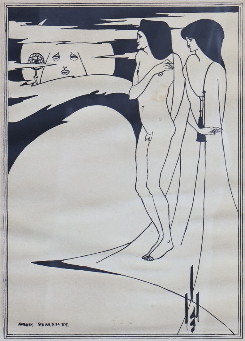AFTER AUBREY BEARDSLEY.: 'The Woman in the Moon'. Woodblock on paper. Signed and artist's emblematic signature in plate lower margins. Property of a Brooklyn, NY estate. Dimensions: Sight size: 12.50" h x 9" w. Fram