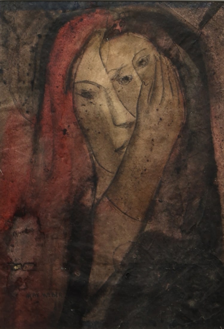 MAX WEBER (AMERICAN, 1881-1961) (ATTR.).: 'Mother and Child'. Mixed media on paper. Inscribed lower left. Property of a Florida collection. Dimensions: Sight size: 14.25" h x 9.75" w. Frame: 26.75" h x 23" w.