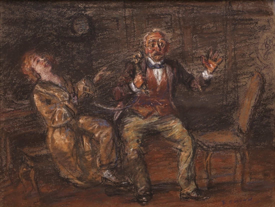 EVERETT SHINN (AMERICAN, 1876-1953).: Scene from Act One of 'Please Help Emily' at the Old Lyceum Theatre. Pastel on paper. Signed lower right. Provenance: Coe Kerr Gallery, NY; Doyle New York, December 10, 2002, (lot134); Doyle New York,