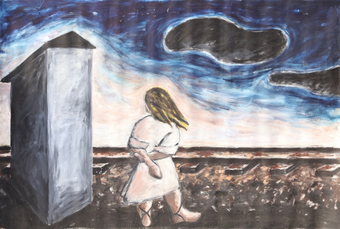 DIETER HACKER (GERMAN, b. 1942).: 'Frau am Bahandamm' (Woman on the Railroad Embankment). 1982. Oil on canvas. Verso: Signed and dated on canvas. Property of a Newfoundland, NJ collection. Dimensions: 76" x 111.50" w. (unstr