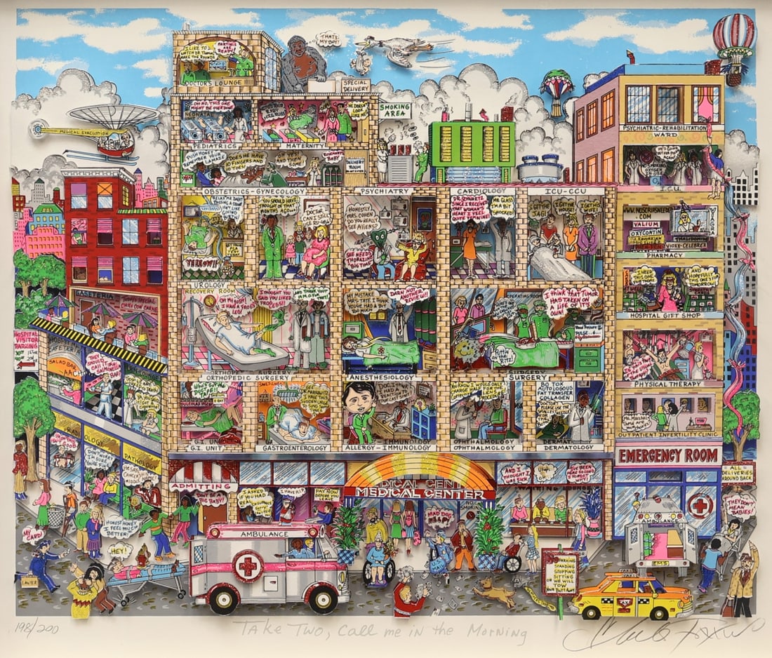 CHARLES FAZZINO (AMERICAN, b. 1955).: 'Take Two, Call Me in the Morning'. Circa 2000. 3D Serigraph. Signed, titled, and numbered '198/200' lower middle and margins in pencil. Property of a White Plains, NY collector. Dimensions: 21.25&quo