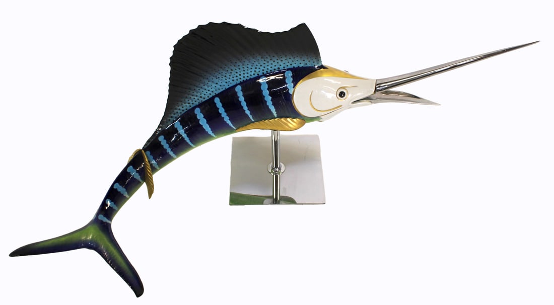 MANGANI OGGETTI Porcelain Sailfish.: Large with beautiful colors. Marked Made in Italy and signed. From a New Jersey estate. - Dimensions: 15.75" h x 40" w x 16" d.