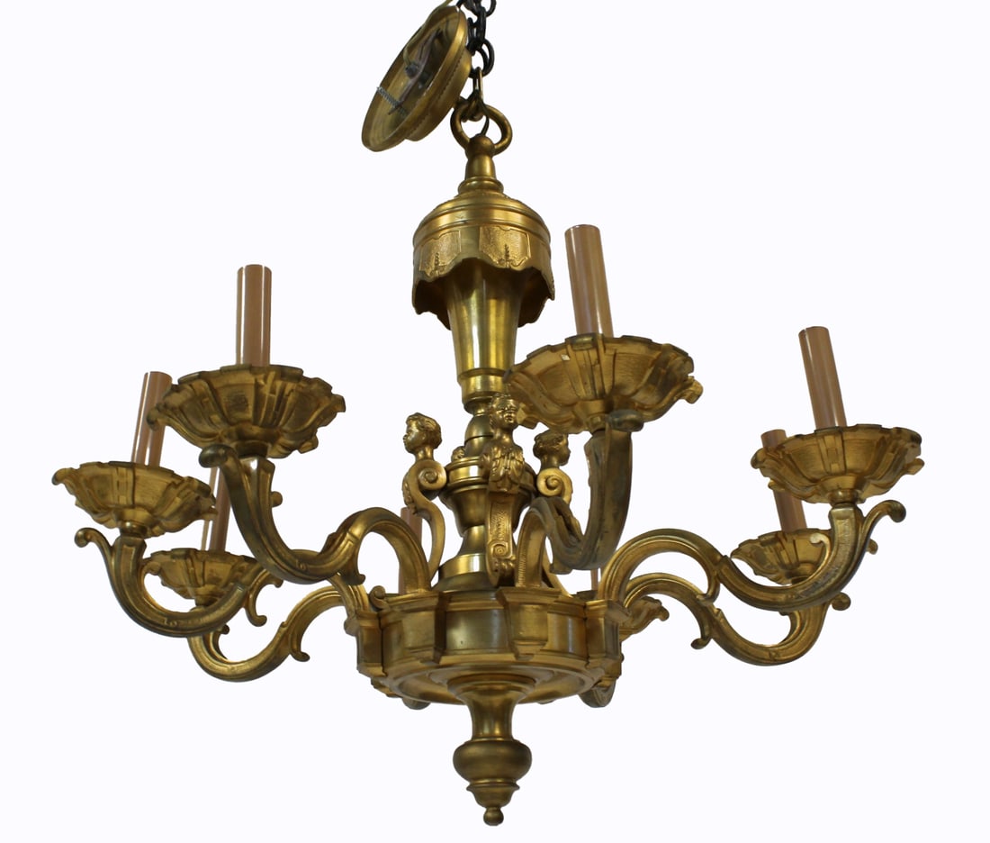 Antique Gilt Bronze Chandelier.: Good large size with nice patina and busts. From a Scarsdale, NY estate. - Dimensions: 24" h x 25" w.