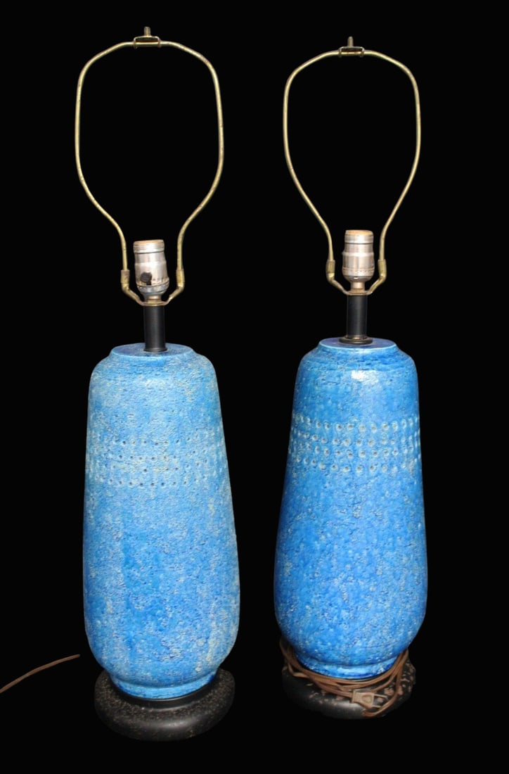 2 Bitossi Volcanic Glaze Blue Lamps.: Largewith great color .From a Queens, NY estate. - Dimensions: 17" h & to finial 30" h