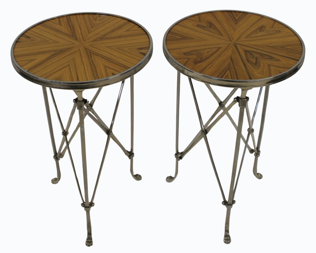 Pair of Polished Steel & Gueridon: Tables. Fine quality X-base and claw feet. From a Bedford, NY estate. - Dimensions: 27" x 17"