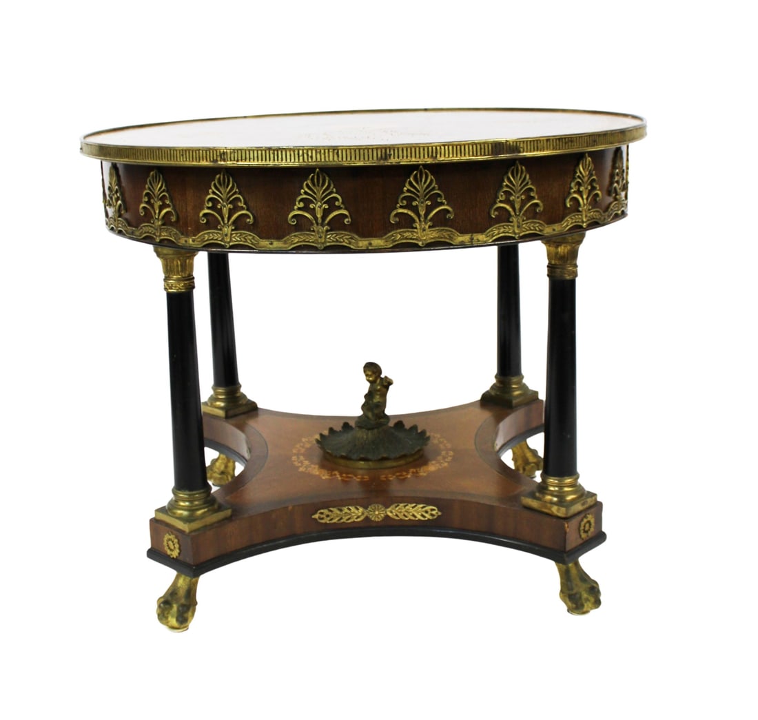 Vintage Bronze Mounted & Inlaid Table with: Cherub Center. From a Nyack NY estate. - Dimensions: 26" h x 32"