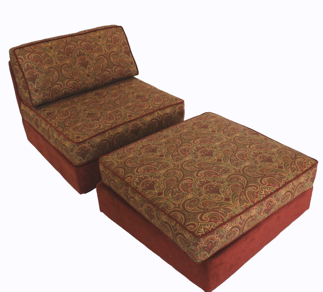 SELIG. Vintage Upholstered Chair & Ottoman: Signed underneath. From a Milford, CT estate. - Dimensions: 15" h x 26" x 64"