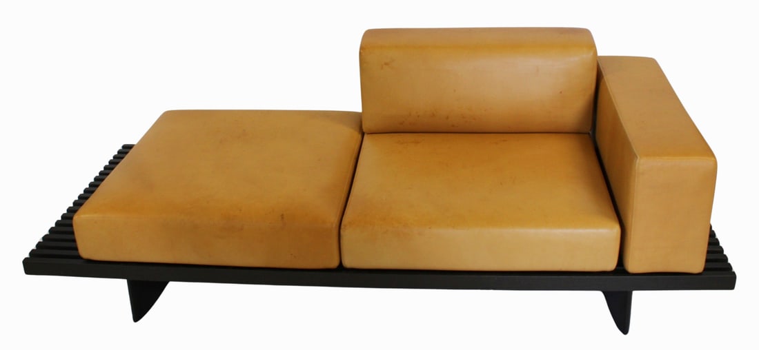 CASSINA , C.H.PERRIAND Refolo Bench.: Nice interchangeable leather on ebonized slatted bench. Signed. From a New Milford, CT estate. - Dimensions: 28" h x 30" x 74"