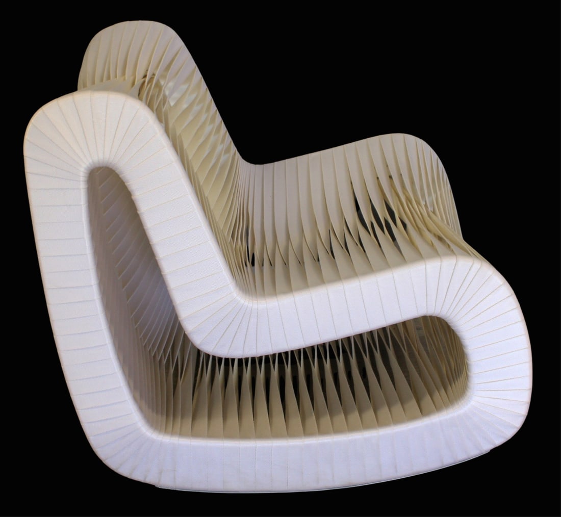 BOONCHUCHAROENKIT LTD. Ribbon Rocking Chair.: Signed on base. Made with cotton straps. From a Stamford, CT estate. - Dimensions: 31" x 35" x 27"