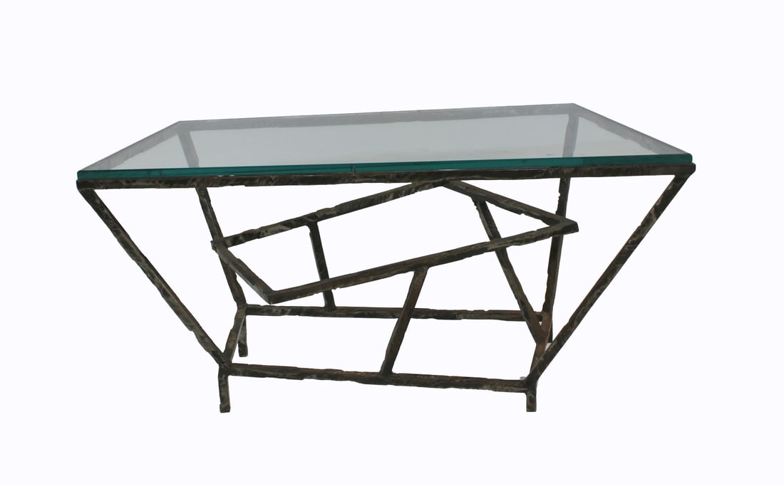 SILAS SEANDEL (U.S., B.1937). "A" Coffee Table: Silas Seandel hand wrought iron table ("A"). From an East 69th St NYC estate. - Dimensions: 16" h x 34" w x 18" d.