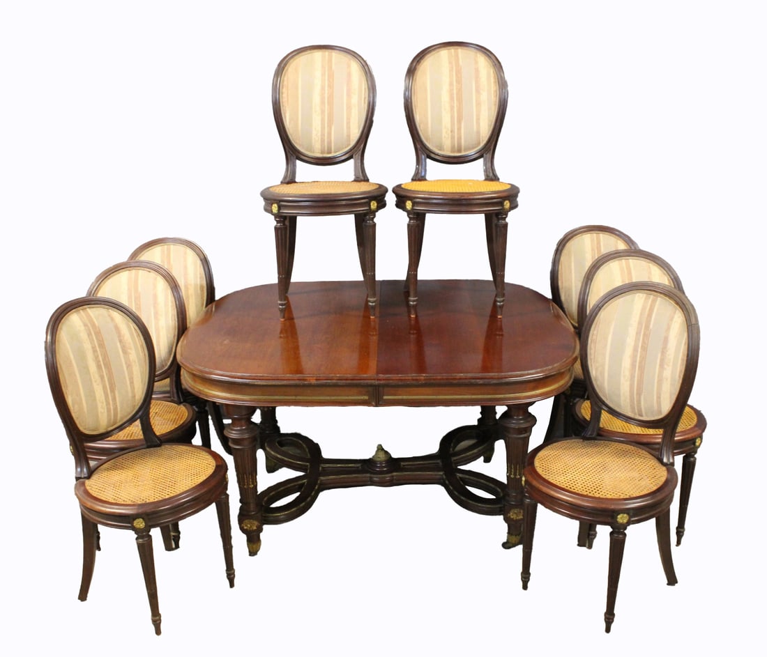 Bronze Mounted Louis XV1 Style Mahogany Table & 8 (1 of 10)