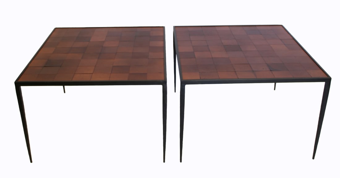 Michael Krieger Pair Patinated Metal Side Tables: Nice lines and with Parquetry style leather top. From a Mamaroneck NY estate. - Dimensions: 21.5" h x 32.5" d x 36.5" w