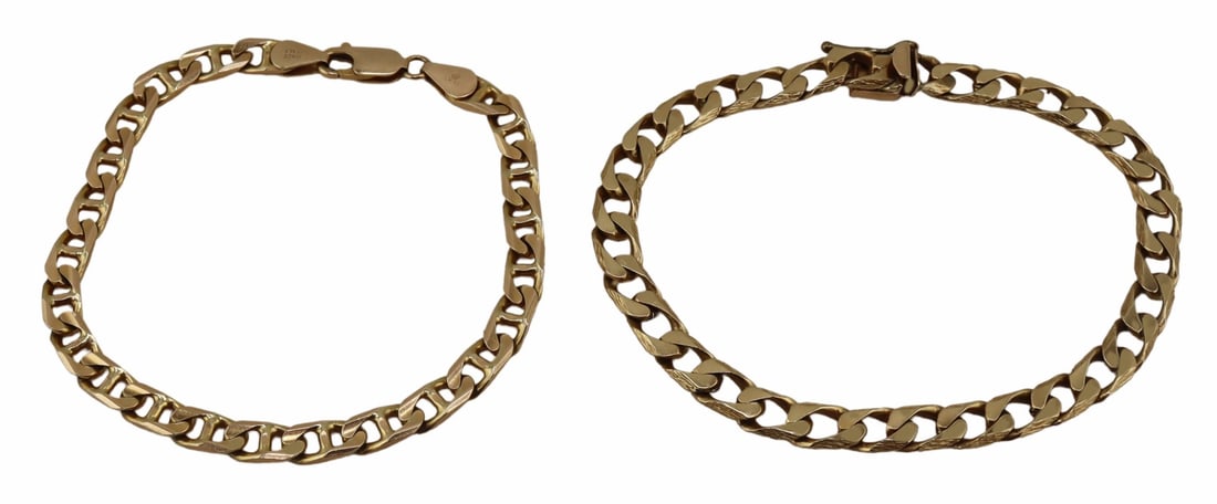 JEWELRY. (2) 14kt Gold Link Bracelets.: Includes an Italian 14kt yellow gold link bracelet - stamped, "Made Italy 14KT" with a small unidentified maker's mark; and a second 14kt yellow gold link bracelet - stamped, "14K"