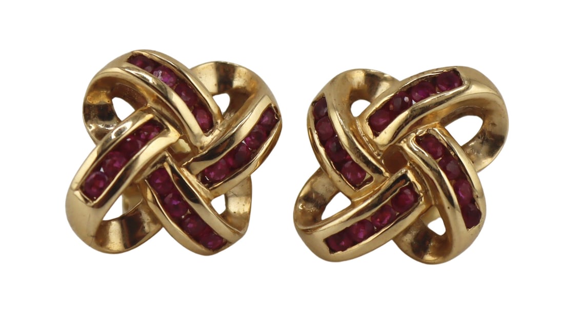 JEWELRY. 14kt Gold and Ruby Love Knot Earrings. (1 of 8)