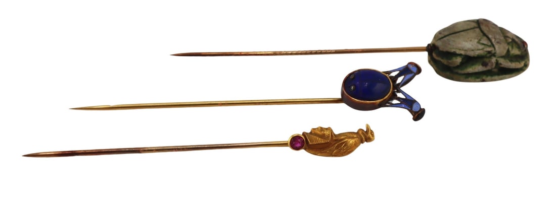 JEWELRY. (3) Egyptian Revival Gold Stick Pins. (1 of 10)