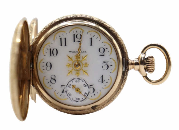 JEWELRY. Waltham 8kt Gold Full Hunter Pocket Watch (1 of 9)