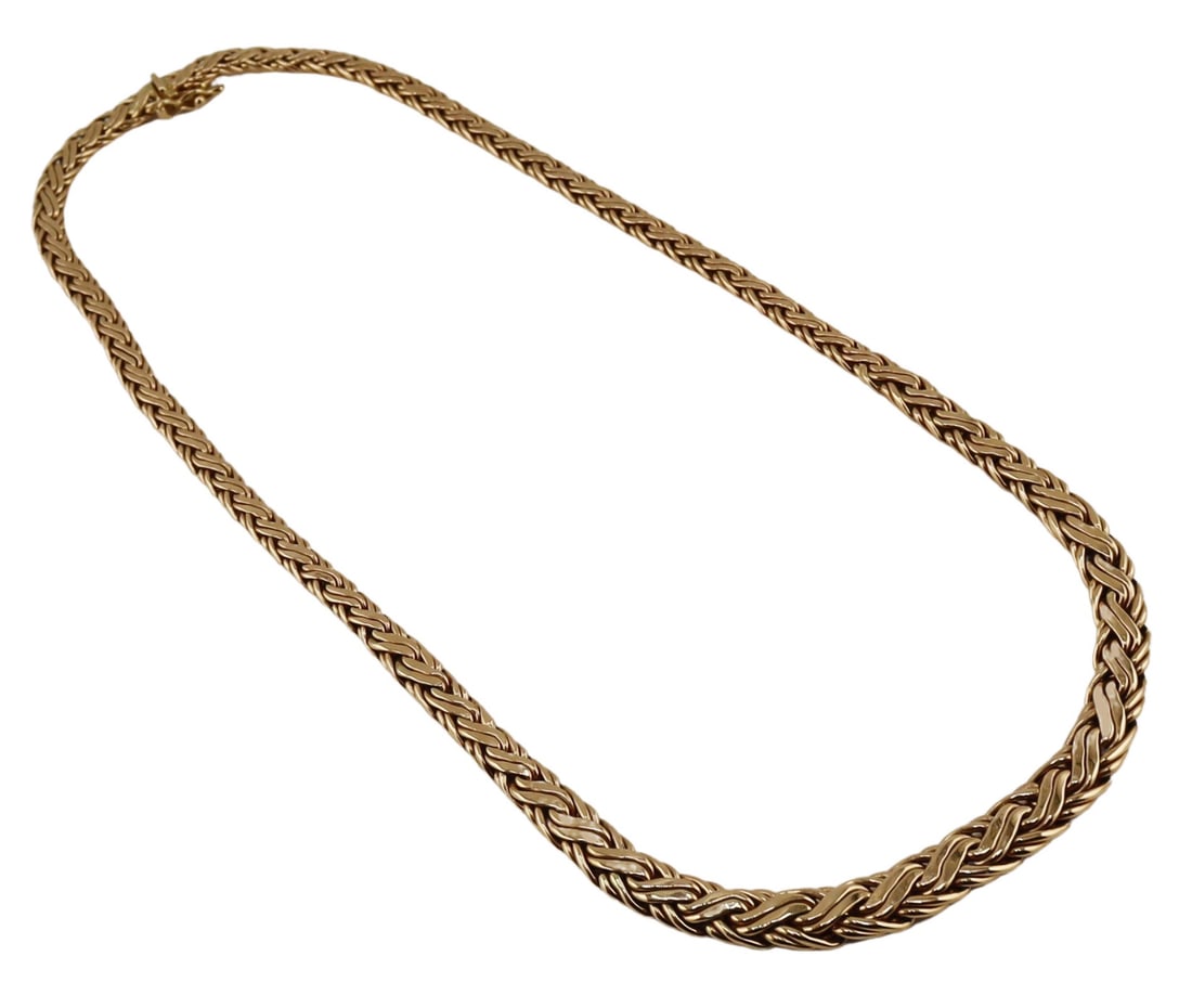 JEWELRY. Signed Z&F Articulated Woven Link: Necklace. Stamped, "Z&F 14K". Total approx. weight of the necklace is 17.4 dwt (gross). From a Westchester, NY estate. Dimensions: necklace measures approx. 17.375" in length.