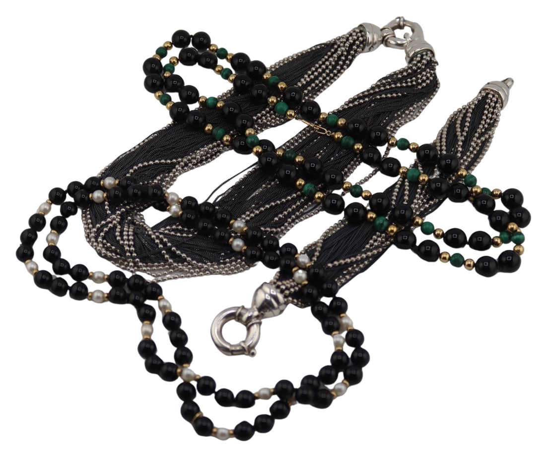 JEWELRY. 14kt Gold and Silver Jewelry Inc. T&Co.: Includes a 2 pc. Italian sterling multi-strand beaded and chain necklace and bracelet - stamped, "Italy 925"; an onyx, malachite, and 14kt yellow gold beaded necklace - stamped, "14K&qu