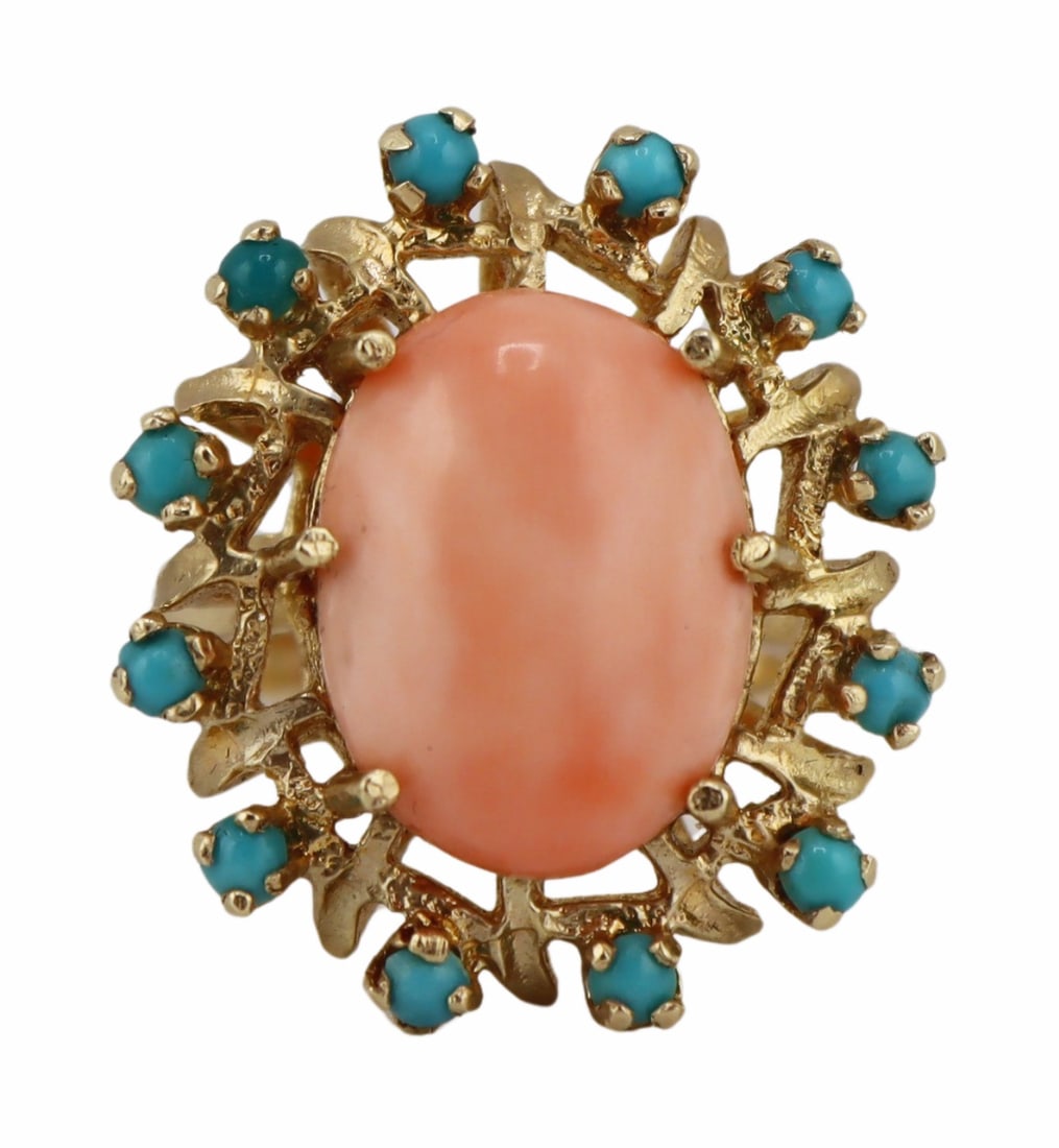 JEWELRY. 14kt Gold, Coral and Turquoise Ring. (1 of 9)