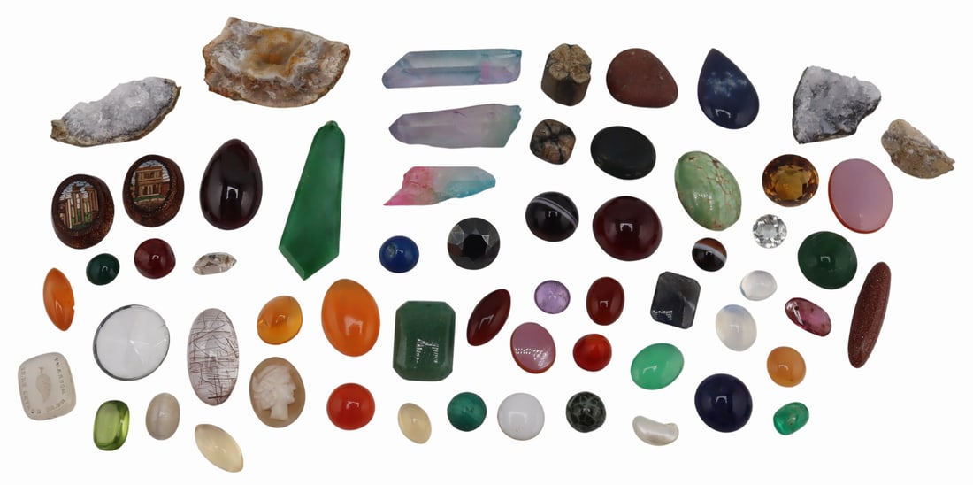 JEWELRY. Collection of Loose Gems and Stones.: An assortment of loose gems and rocks including an emerald, moonstone(s), (2) micromosaic pendants, rutilated quartz, chiastolite?, banded agate, etc. Also included is written notes referencing gems t