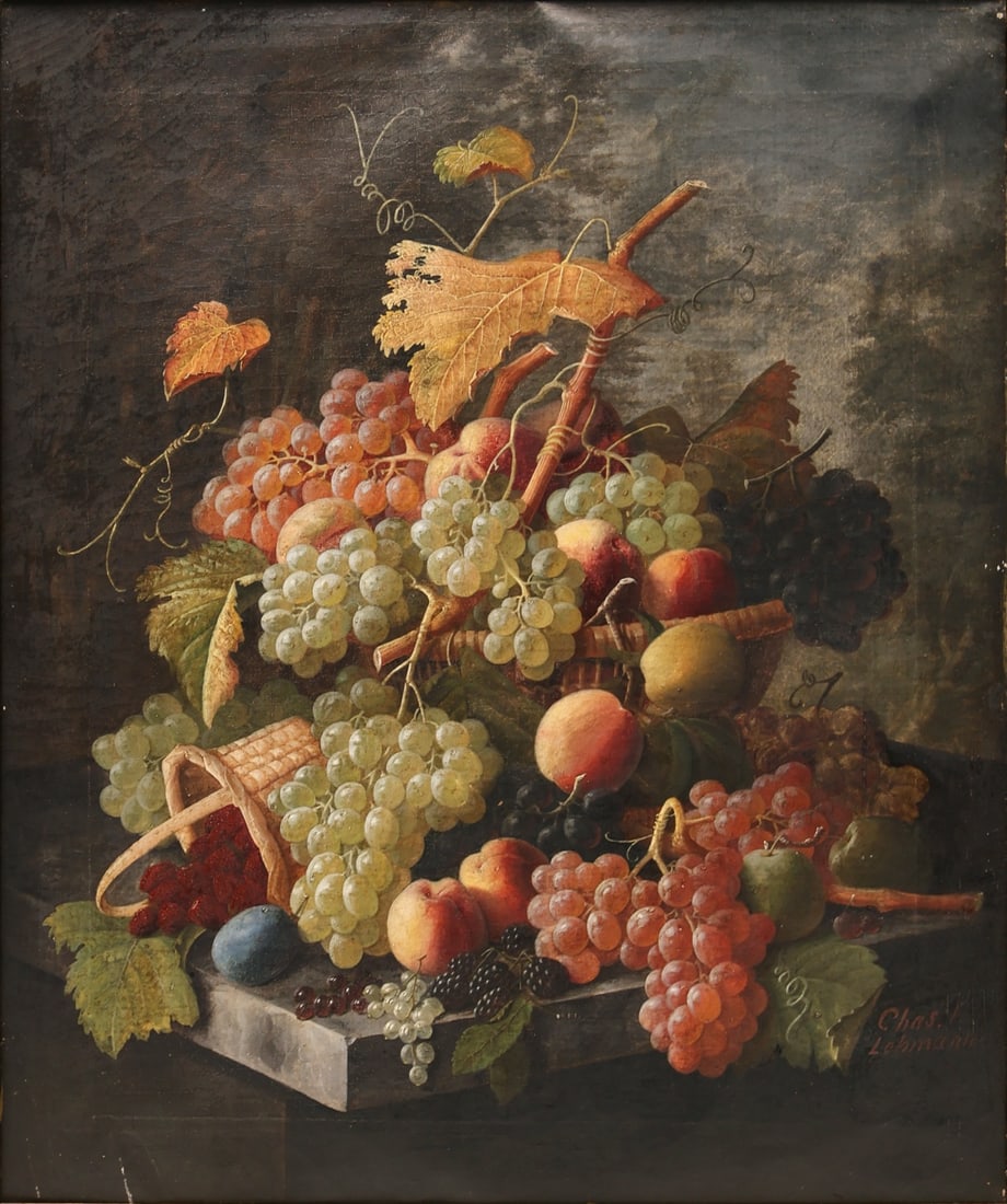 CHARLES F. R. LEHMANN (GERMAN/FRENCH, 1814-1882).: 'Still Life of Fruit on a Ledge'. Oil on canvas. Signed lower right. Provenance: Gilbert Auctions, Garrison-on-Hudson, NY, Onsite sale for Clark Foundation, 'Mohican Manor', Cooperstown, NY, August 8-