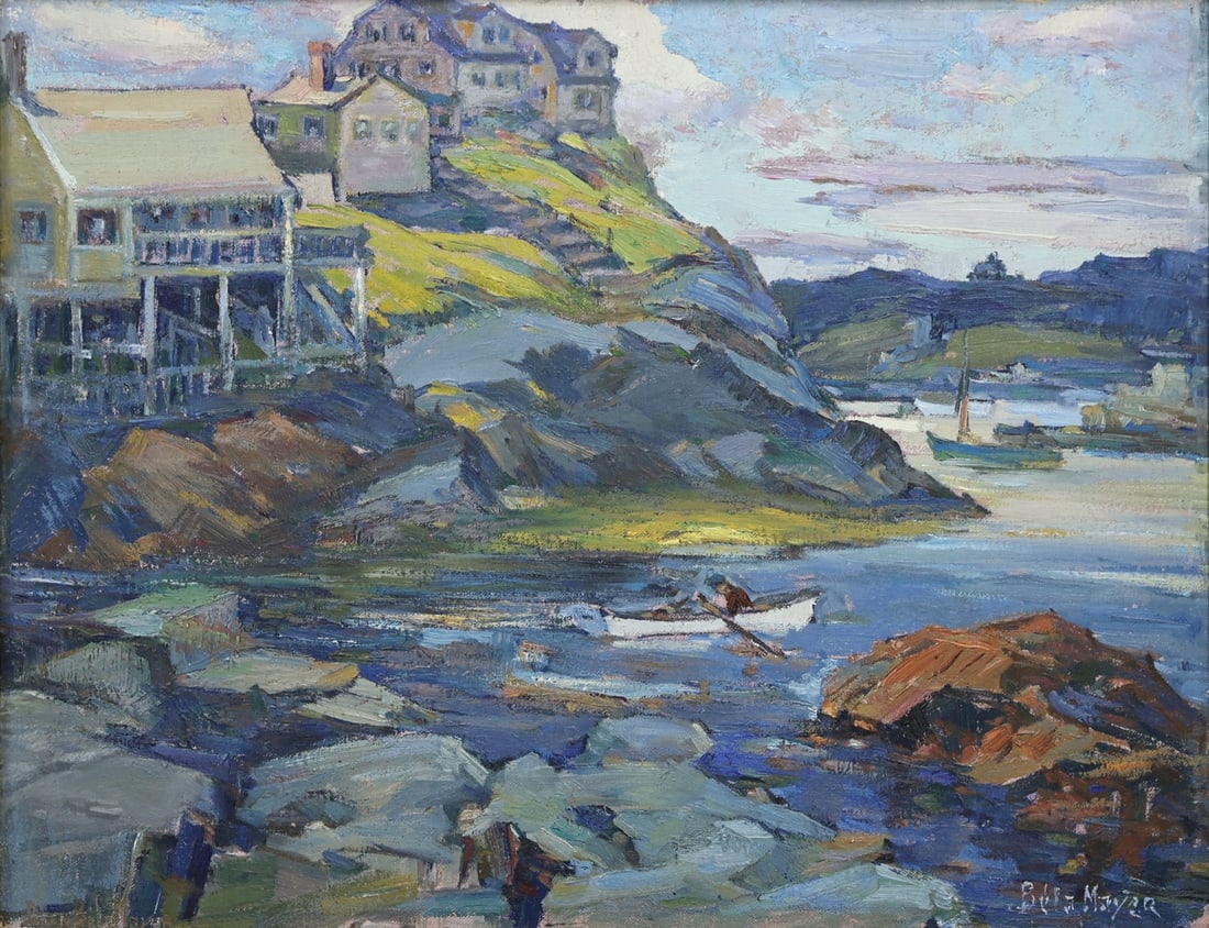PETER BELA MAYER (AMERICAN, 1887-1957).: 'Eastport, Maine'. Oil on canvas board. Signed lower right. From a Flushing, Queens estate. Dimensions: 14" h x 18" w. Frame: 21.25" h x 25" w.