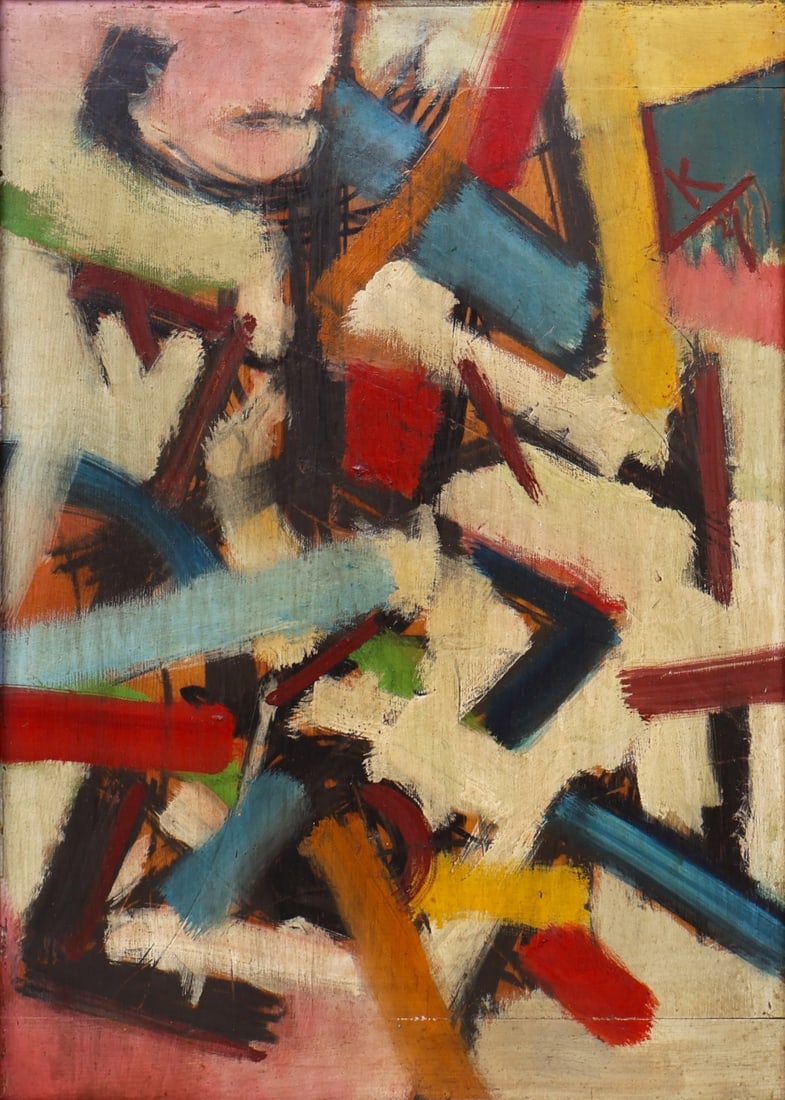 ILLEGIBLY SIGNED (20TH CENTURY).: 'Untitled' (Color Abstract). 1927. Oil on conjoined panel. Signed and dated upper right. Property from a Roosevelt Island, NYC estate. Dimensions: 17" h x 12" w. Frame: 21.50" h x 16.50