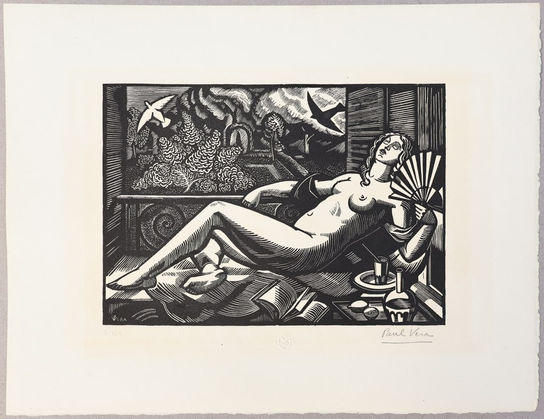 PAUL VERA (FRENCH, 1882-1957).: 'L'ete' (Summer-Nude with Fan) 1922. Woodblock etching on paper. Signed and numbered '2/154'' lower margins in pencil. Blind Stamp middle margin. Property from the estate of the artist John Grillo (19