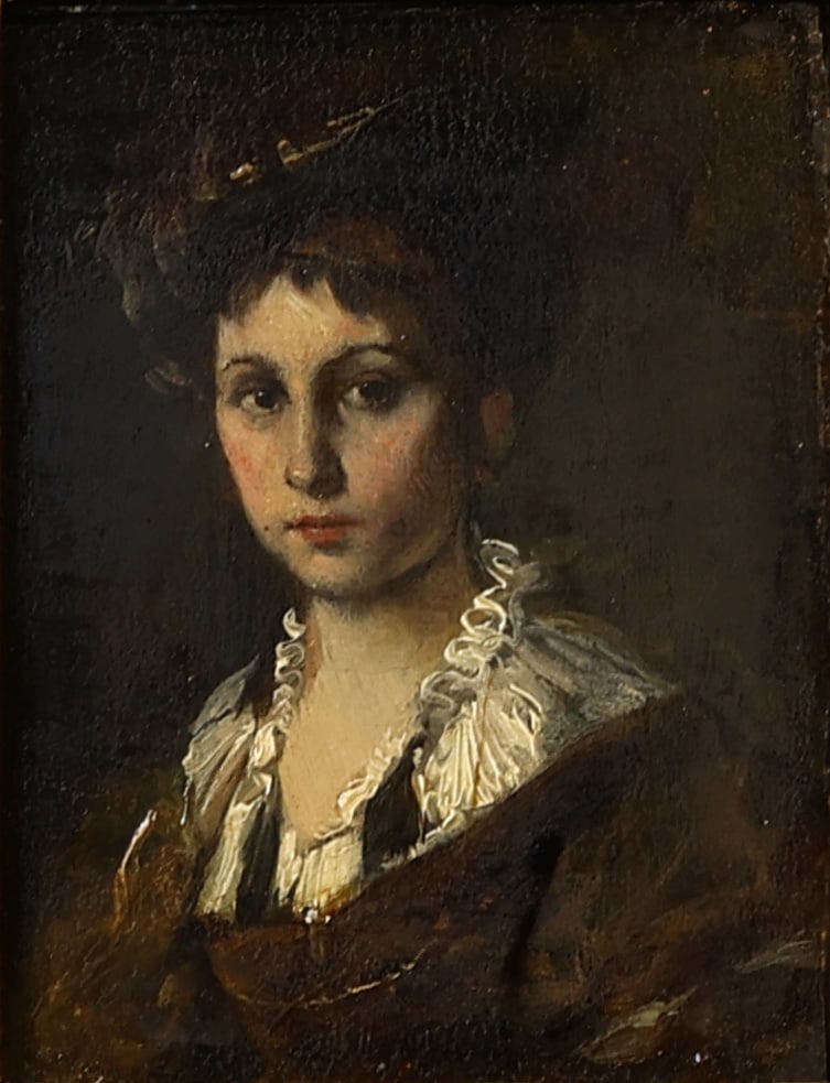 FRIEDRICH AUGUST VON KAULBACH (GERMAN,1850-1920).: 'Portrait of a Lady In a 17th Century Costume'. Oil on panel. Signed vertically right side. Property of a Freehold, NJ estate. Dimensions: 3.875" h x 3" w. Frame: 13.50" h x 12.75"