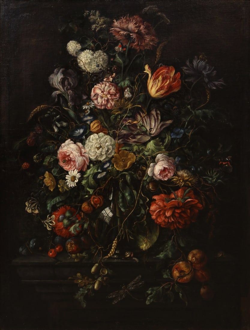 CONTINENTAL SCHOOL (19TH CENTURY).: Still Life with Flowers. Oil on canvas. Apparently unsigned. Property from a Stamford, CT estate. Dimensions: 40" h x 30" w. Frame: 44.75" h x 34.75" w.