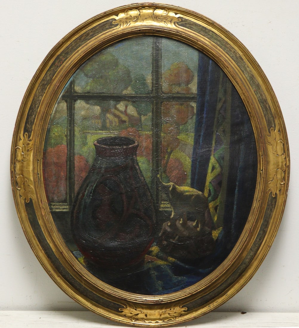 GEORGE BELINE (AMERICAN, 1887-1971).: 'Still Life with Elephant by Window'. 1930. Oil on canvas. Signed and dated lower right. From a Larchmont, NY collection. Dimensions: 23.75" h x 19.75" w (oval). Frame: Oval: 29.50" h x
