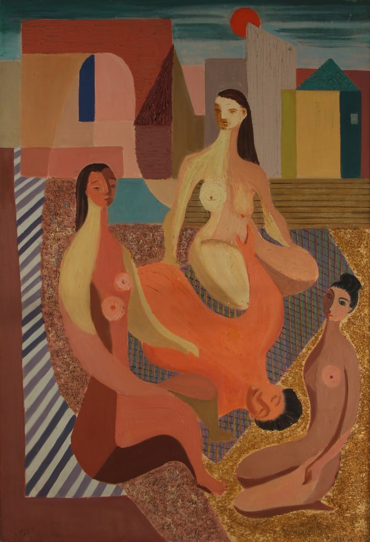 GERTRUDE SHIBLEY (AMERICAN, 1912-2006).: 'Bathers'. 1949. Oil on canvas. Signed and dated lower left. Verso: Signed, dated, and titled on canvas flap. From a New York collection. Dimensions: 32" h x 22" w. Frame: 33.25" h x 25