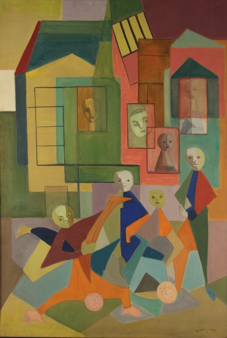 GERTRUDE SHIBLEY (AMERICAN, 1912-2006).: 'Children of the Tenements'. 1945. Oil on canvas. Signed and dated lower right. Verso" Artist, title, and date on backing board. From a New York collection. Dimensions: 32" h x 22" w. F